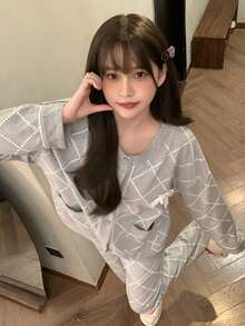 2pcs/Set Women's Pajamas Homewear, Open Front Round Neck Plaid Print With Two Pockets And Bow Decor, Long Sleeve Long Pants, Suitable For Spring, Autumn And Winter - Grey - View 4