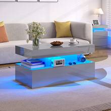 Mesa de centro con luz LED, moderna mesa de centro con acabado brillante y espacio de almacenamiento de 2 niveles, mesa de centro minimalista para sala de estar. - Gris - Ver 9