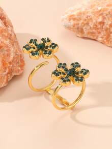 Light Luxury Full Rhinestone Five-Petal Flower Ring, Gold-Plated Crystal Flower Open Ring, Fashionable Elegant Adjustable Stackable Finger Ring Accessory - Gold - View 5