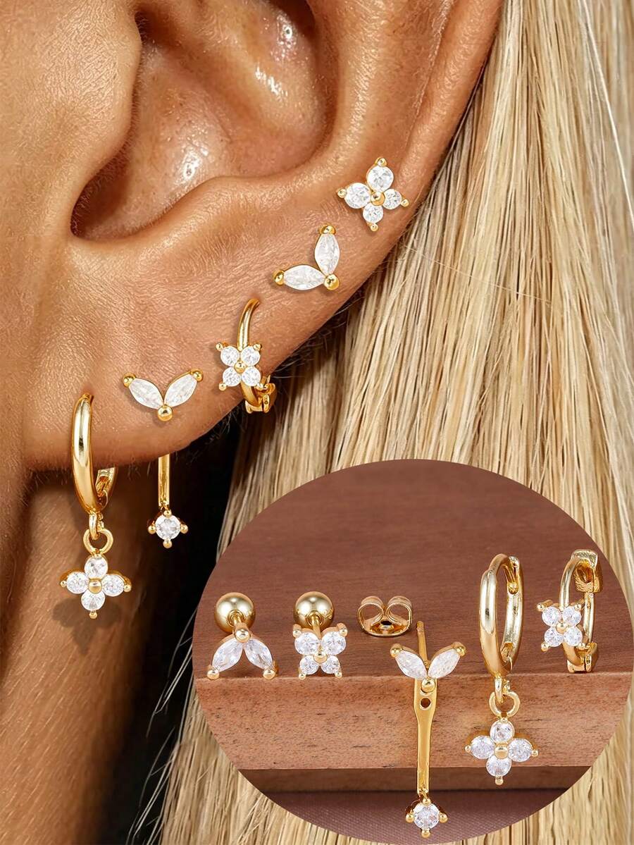 5PCS Crystal Flower Butterfly Stud Earring Set Women Fashion Swing Pendant Earring Cartilage Tragus Helix Lobe Piercing Jeweley - 1 Gold - 5 PCS - View 1
