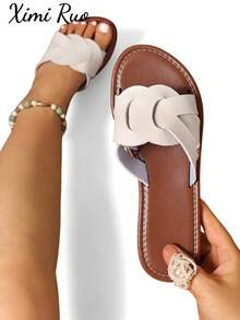 Ximi Ruo Pantuflas cómodas con incrustaciones de diamante de imitación de ajuste amplio, sandalias planas casuales coreanas para mujer, chanclas de punta abierta para primavera, verano, playa y uso casual - Blanco - Ver 1