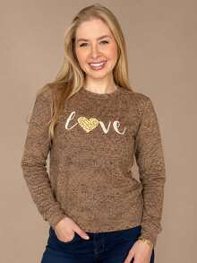 Lightweight Linen-Style Blouse With Cuffs, Hem, And Love Print, Cozy For Autumn - Mocha Brown - View 7