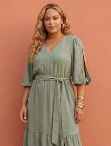 FASHION MIX PREMIUM Elegant Long Dress With Slit And Ruffle On The Hem 3/4 Puff Sleeves With V-Neckline And Tie At The Waist Women's Plus Size - 淡綠色 - 查看 2