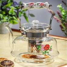 Chaleira de Vidro c/ Infusor - Estampada - 1 Litro - Pode ir ao Fogo - Chá Café Água Bebidas - Alça de Inox - Transparente - Visão 5