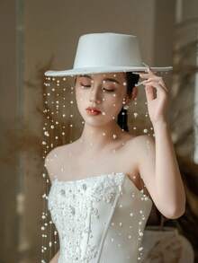 White Felt Wide Brim Fedora Hat With Pearl Tassel Veil, Elegant French Bridal Wedding Hat, Chic Headpiece For Prom Party Bridal Shower Photoshoot - A - 查看 10