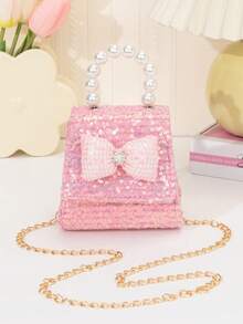 Sequin Plaid Bow Mini Handbag With Pearl Handle And Chain Strap, Sweet Elegant Small Square Crossbody Bag - Sequined Version - View 9