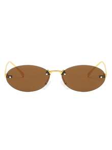 1 Pair Women's Deep Tea Color Oval Rimless Metal Temple Personalized Cut Edge Small Frame Fashion Glasses Suitable For Daily Wear - Dark Tea - View 4