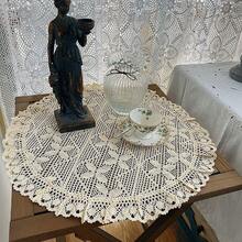 Bubaba 復古鉤編蕾絲圓形桌墊 60cm/23.6in 手工鏤空蕾絲桌布 扇形邊緣 農舍風裝飾中心飾品 適用於咖啡桌、餐桌、梳妝台 - 米色 - 查看 5