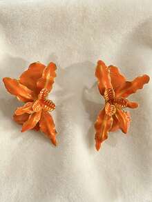 1 Pair Summer Fresh Bohemian Style Elegant Orange Enamel 3D Orchid Design Women's Earrings, Suitable For Island Travel Photography, Daily Wear, Vacation, Party - Orange - View 2