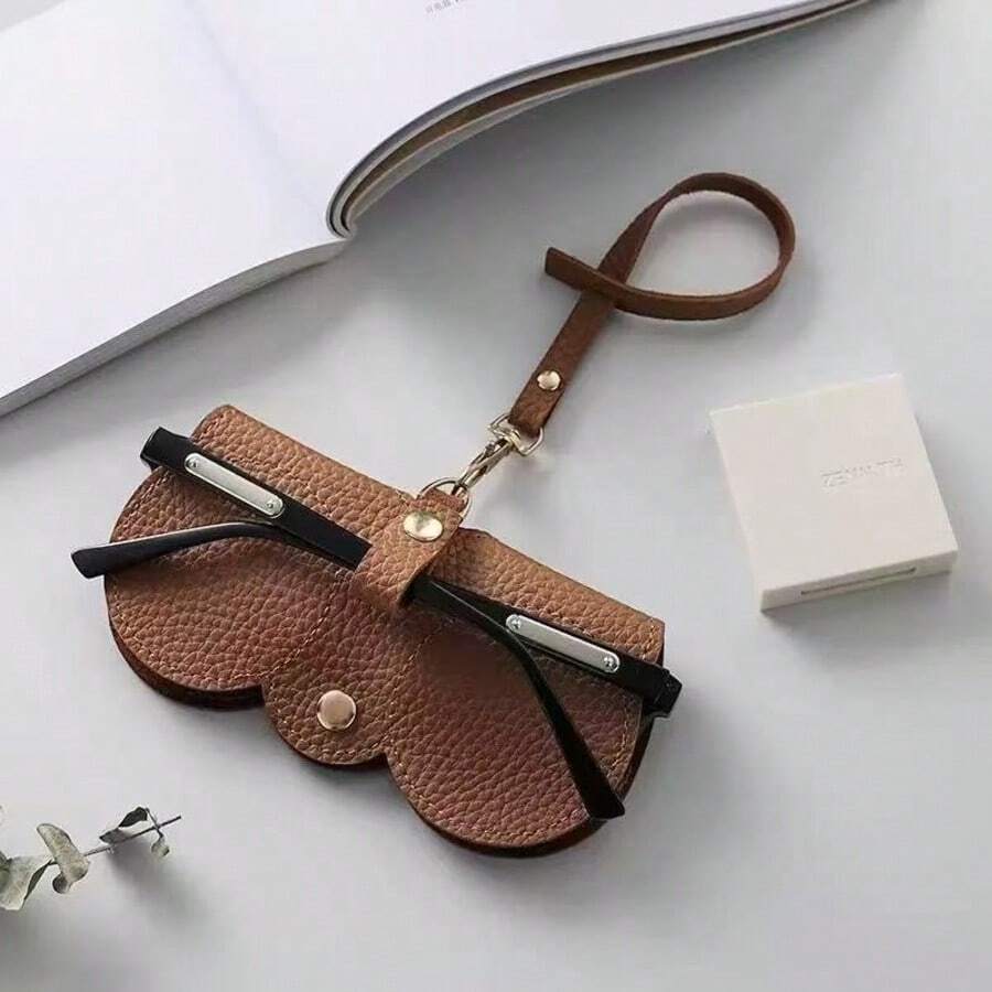 Cute New Portable Fashion Glasses Case, 1pc, With Exquisite Glasses Clip And Minimalist Glasses Pouch, Women's Glasses Accessories - Brown - View 1