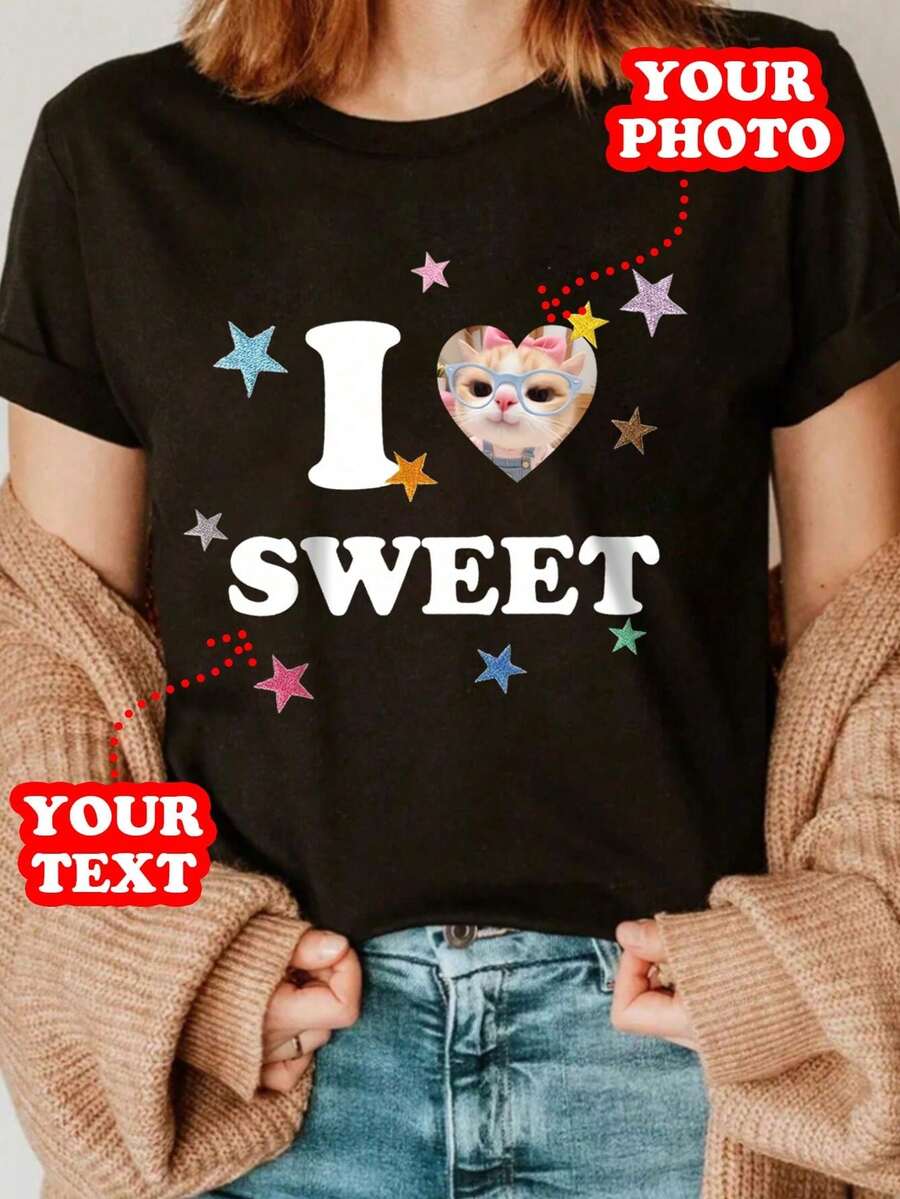 T-shirt personnalisé pour femmes - Ajoutez votre texte et vos photos (couple, famille, selfie, animal de compagnie, etc.) Choisissez la police et la couleur, motif imprimé sur le t-shirt graphiqu - Noir - Voir 1