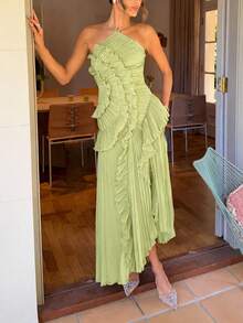 Women's Green Lightweight Halter Neck Backless Ruffle Mid-Length A-Line Dress, Sleeveless Polyester, Suitable For Party, Night Out, Date, Beach, Summer - Pastel Green - View 3