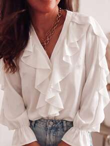 Plus Size Elegant Commuter Solid Color Ruffle Top White - White - View 7
