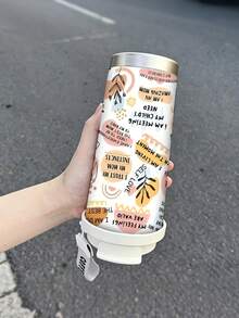 1pc/5pcs 500ml Positive Quote Insulated Car Cup, Stainless Steel Material, Heat & Cold Retention, Flip Lid Design, Portable Lanyard, Suitable For Office, Travel, Study, Self-Love Gift, Holiday & Birthday Gift - White-brown Lettering - View 8