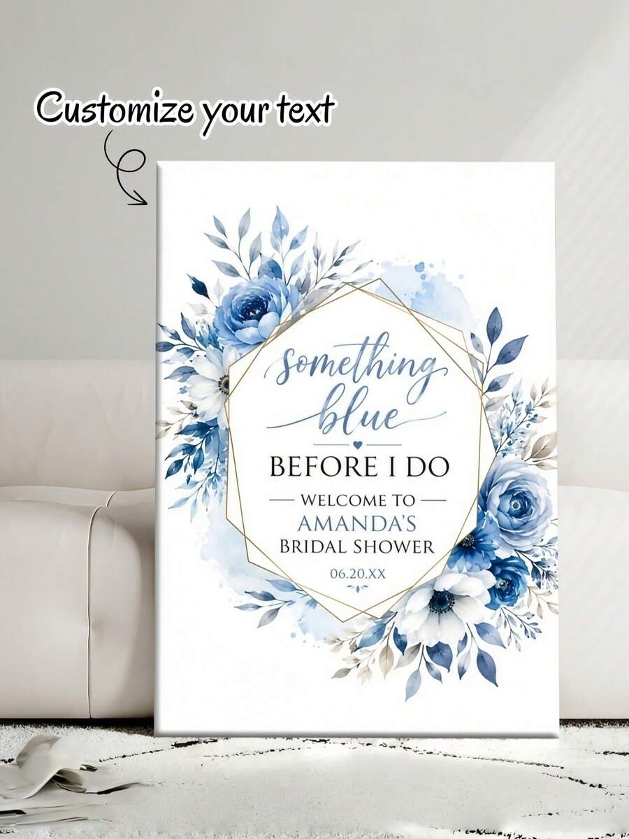 個性化「Something Blue Before I Do」新娘婚前派對歡迎牌,客製化水彩藍玫瑰花卉帆布海報,新娘派對泡沫板畫架裝飾牌牆飾 - 彩色 - 查看 1