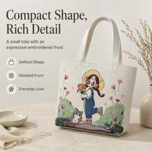 1PC Sweet Pastoral Girl & Little Cat Floral Embroidery Shiny Jacquard Tote Bag Aesthetic Cute Daily Casual Canvas Shoulder Bag,Bedroom Room Decor,Back To School - View 6