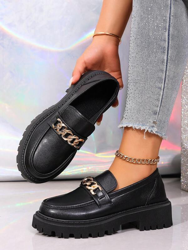 Black Chain-Strap Platform Loafers: Edgy All-Season Chunky Sole Slip-Ons For Office, Night Out & Street Style