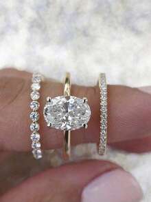 1set Unique Elliptical Cut Cubic Zirconia Ring Set, Exclusive Gift, Promise Ring, Ceremony Set, Eternal Ring And Plain Ring Combination, Jewelry Gift - Multicolor - View 6