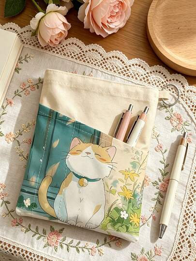 New Cute Cat Theme Book Cover, Book Protector, Suitable For A5 Books (With Pen Holder), Suitable For Organizing Office Supplies, Can Be Used As Desktop Decoration, Also A Great Christmas Or Birthday Gift For Teachers And Students, Suitable For Students, Teachers And Book Lovers, Back To School Season, Learning Supplies, Teacher's Day Gift, Essential For School Opening, Back To School Essential, Suitable For Office And Home Scenes. (Pattern Printing Is Random, Please Refer To The Actual Product)