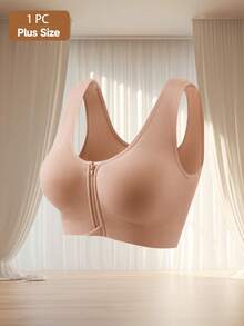 QUASTI 1PC Plus Size Seamless Bra For Women, Wireless Front Zip Support Bra, Full Coverage Comfort Fit, Everyday Wear Essential, Smooth Invisible Look - Apricot - View 5