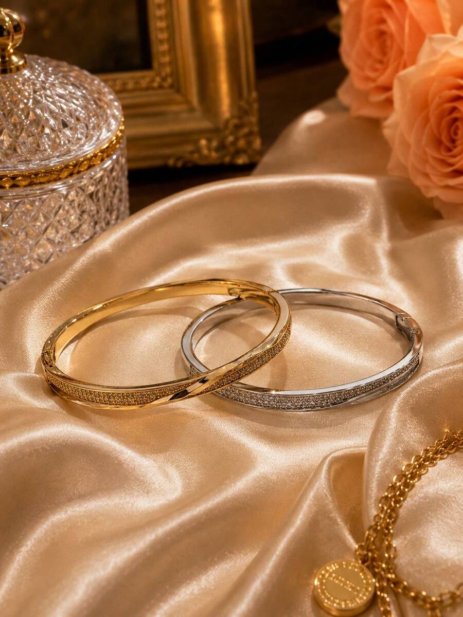 1pc Women's Fashionable Elegant Zirconia Inlaid Bracelet, Super Shiny High-End Luxury Minimalist Versatile Jewelry - S62955 - View 1