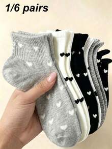 1/6 pares de calcetines cortos de mujer con lazo en forma de corazón de unicolor, calcetines de corte bajo transpirables y casuales, adecuados para uso diario, todas las estaciones - Multicolor - Ver 1
