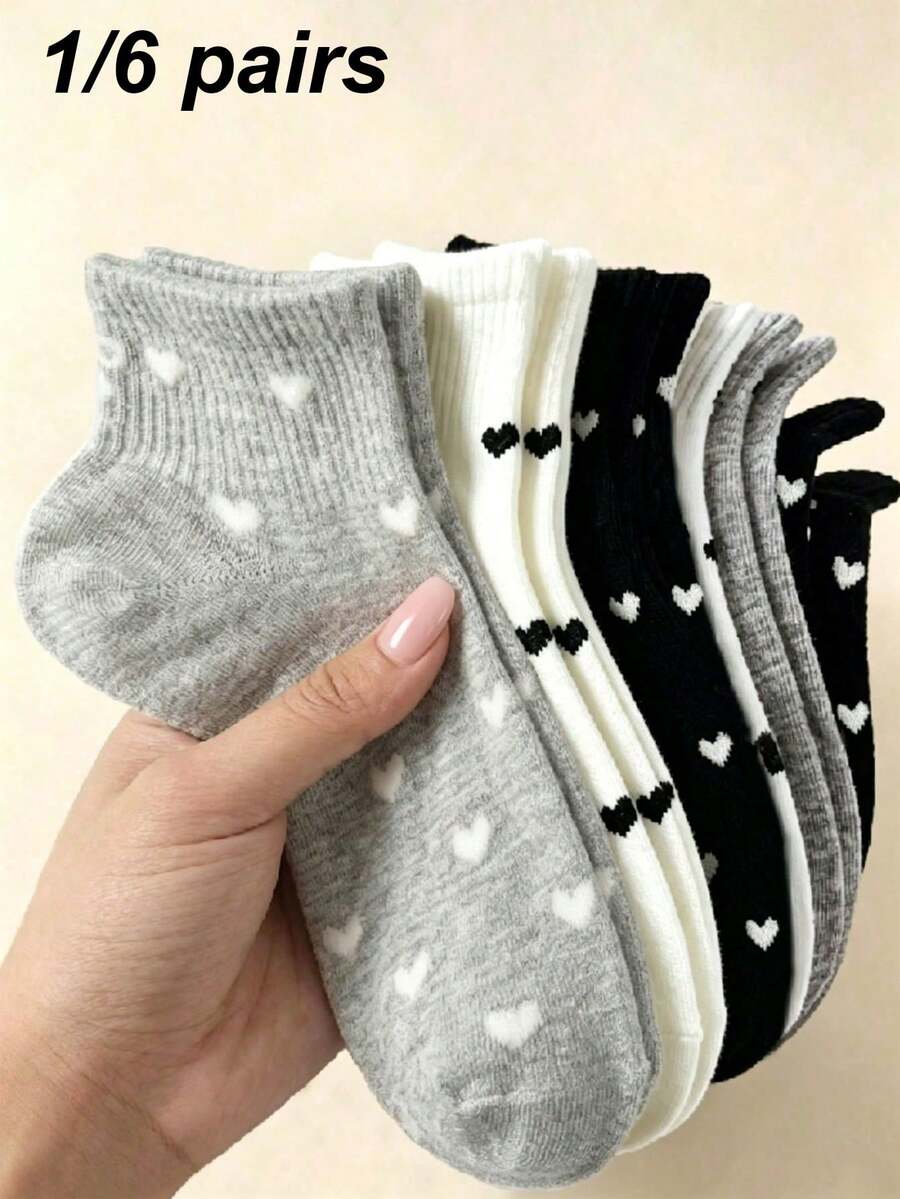 1/6 pares de calcetines cortos de mujer con lazo en forma de corazón de unicolor, calcetines de corte bajo transpirables y casuales, adecuados para uso diario, todas las estaciones - Multicolor - Ver 1