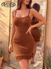 Aflion Women's Brown Waffle Knit Bodycon Mini Dress, Adjustable Spaghetti Straps Fringe Hem Form-Fitting Party Dress - Brown - View 6
