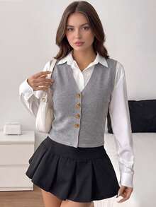 Top de tirantes de punto acanalado gris para mujer, top corto sin mangas con cuello en V y botones, prenda de punto para capas de primavera/verano - Gris - Ver 1