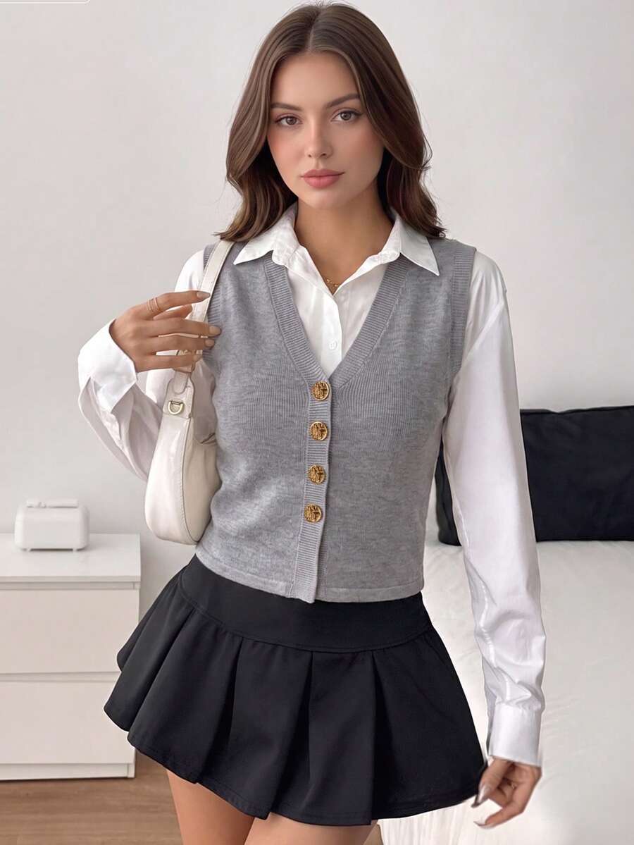 Top de tirantes de punto acanalado gris para mujer, top corto sin mangas con cuello en V y botones, prenda de punto para capas de primavera/verano - Gris - Ver 1