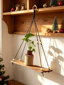 1pc Hanging Wall Shelf Boho Black Rope Floating Shelf With Wood Beads, Minimalist Wooden Storage Rack For Plants, Aromatherapy, Decor Sturdy Wall Mounted Display For Living Room BedroomEntryway - Black - View 5