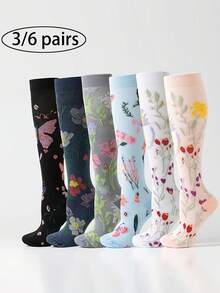 3 Pairs Floral Pattern Compression Socks For Women, Graduated Support Socks For Nurses Running Sports - Blue - View 1