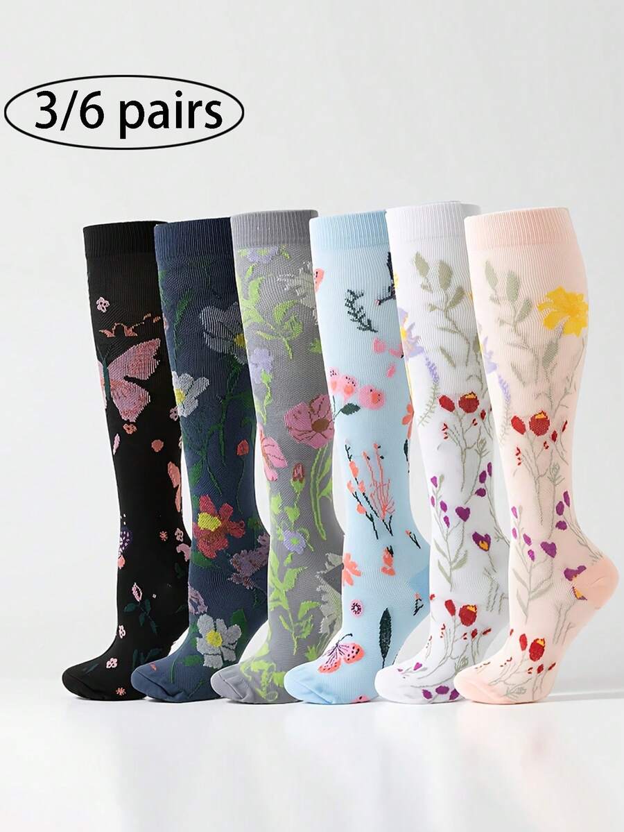 3 Pairs Floral Pattern Compression Socks For Women, Graduated Support Socks For Nurses Running Sports - Blue - View 1