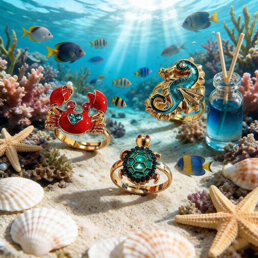 1pc Ocean-Themed 3 PiecesRing Set, Exquisite Enamel Craftsmanship, Cute Crab, Seahorse, Turtle Designs, Playful And Youthful, Adjustable Band, Niche Personalized Accessory - Multicolor - View 1