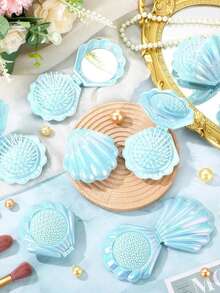 3/12/18pcs Blue Shell Air Cushion Comb Gift Bag Set, Includes Shell Mirror Comb + Organza Bag + Thank You Card, Compact Foldable Mirror Comb, Suitable For Weddings, Holiday Events, Birthdays, Theme Parties, Gatherings, Souvenirs, Scene Atmosphere Decoration - Multicolor - View 4