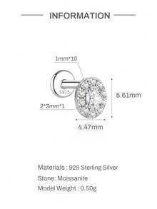 1pc D Color Moissanite S925 Sterling Silver Flat Back Stud Earrings, Hypoallergenic Minimalist Stackable Daily Wedding Cartilage Piercing Jewelry - Silver - View 17