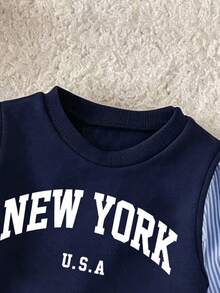 Baby Girl Letter Decor Round Neck Long Sleeve Warm 2 In 1 Sweatshirt And Denim Jeans - Royal Blue - View 3
