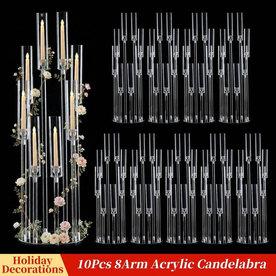 Vincidern 10Pcs 38.5inch Floor Candelabra Wedding Centerpieces For Table ,8Arm Clear Candlestick Holders With Acrylic Lampshade For Home Decor Birthday Anniversary Party Christmas Halloween Decoration,No Candles Included - 透明(10張) - 查看 1