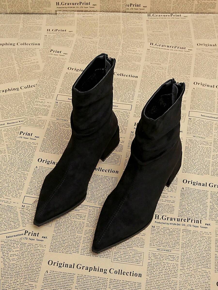 Classic Black Ruched Suede Ankle Boots For Women, Autumn/Winter New Pointed Toe Chunky Heel Back Zipper Mid-Calf Boots - Black - View 1