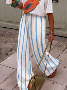 Women's Summer Pink Striped Wide Leg Pants, High Waist Casual Loose Beach Pants, Bohemian Style Pink Vertical Striped Straight Leg Long Pants - White and Blue - View 9