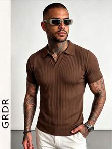 GRDR Suéter de punto de manga corta con cuello de aviador acanalado de unicolor para hombre, adecuado para salidas de verano, esencial para un estilo de moda - Marrón - Ver 4