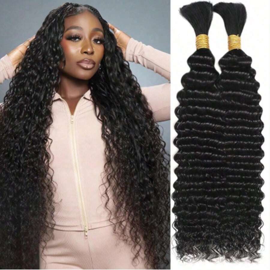 2 Bundel 100g Rambut Ekstensi Manusia Asli Gelombang Dalam Longgar, Rambut Perawan Brasil untuk Kepang, Hitam Alami (18 Inci)