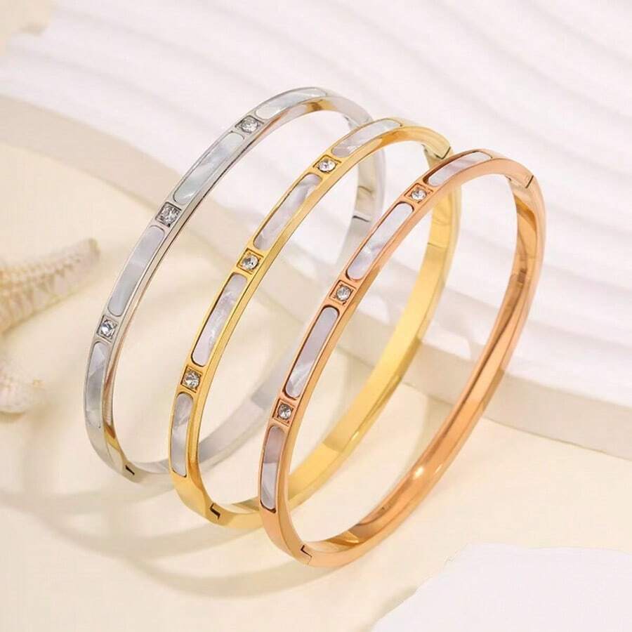 1件精緻不鏽鋼竹節貝殼水鑽手鍊女款，不褪色，奢華高端時尚百搭手鐲飾品 - 鑲鑽竹節貝殼 - 查看 1
