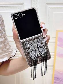 1pc Popular Fashion Cute Electroplated Large Rhinestone Butterfly Tassel Foldable Phone Case, Full Coverage Anti-Drop Protective Shell Compatible With Samsung Galaxy ZFlip 8 Galaxy ZFlip 7 Galaxy ZFlip 7FE Galaxy ZFlip 6 Galaxy ZFlip 5 - Multicolor - View 26