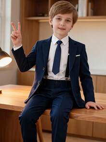 5pcs Boys Suit Set, Toddler Formal Outfit, Ring Bearer Tuxedo, Wedding Suit Jacket, Pants, Shirt, Tie, Formal Children Suit, Navy Blue, Size 4-16 Years - 藏蓝色 - 查看 5