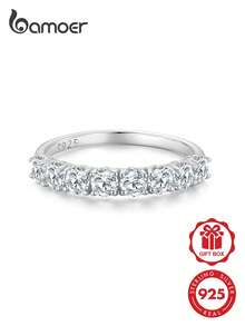 BAMOER Anillos Apilables de Media Eternidad de Plata de Ley 925 Hipoalergénica con Piedra Redonda de Moissanita de Color D VVS1 Corte Brillante para Boda & Banquete para Mujeres - Plateado - Ver 2
