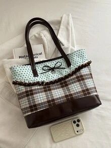 New Fashion Tote Bag, Sweet Style With Ruffle And Bow Decoration, Striped And Polka Dot Print Patchwork, Zipper Closure, Large Capacity Lightweight Minimalist Shoulder Bag. Suitable For Women's Daily Life, Casual, Commuting, Work, Vacation And Student Use - Coffee - View 4