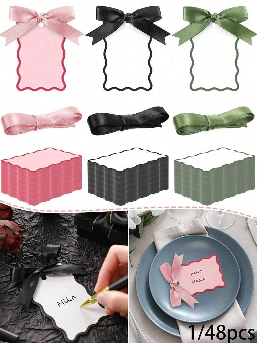 Scallop Shaped Name Cards, Suitable For Dining Table Setting, DIY Wedding Place Cards With Ribbons, Hanging Style Seat Cards, Wedding Table Numbers, Wedding Reception Desk Labels, Wedding Centerpiece Decor, Wedding Hanging Decorations, - Multicolor - View 1