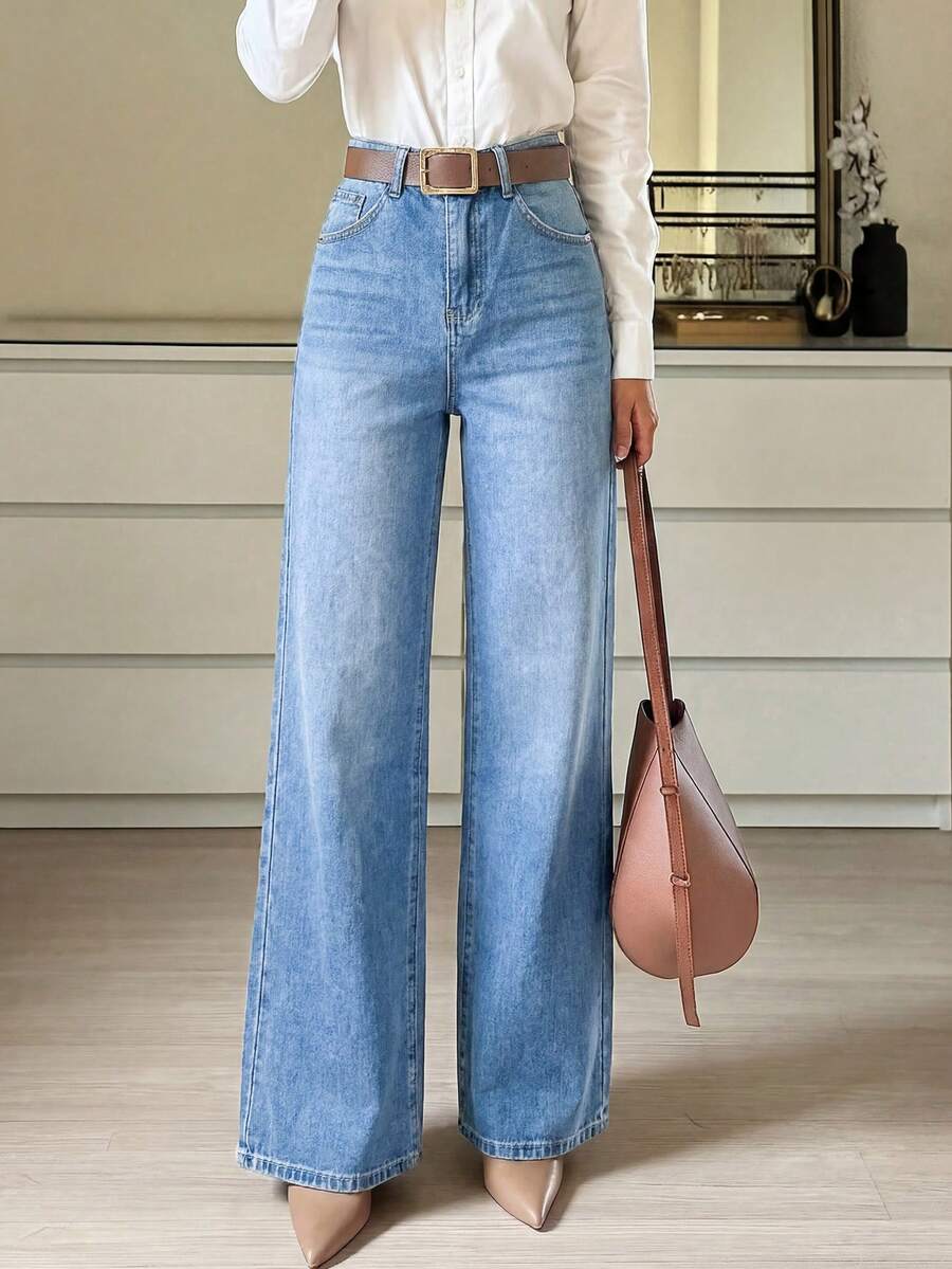 NVFelix Jeans de pierna recta holgados para mujer, acabado desgastado, estilo retro casual Y2K streetwear, adecuados para vacaciones de primavera & verano - Lavado ligero - Ver 1