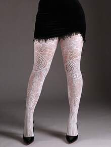 1 paire de collants en résille jacquard tournesol grande taille, leggings ajourés à motif feuille, sexy et polyvalents pour fête, maison, bureau, Noël, Halloween, bas noirs convenant à diverses tenues de fêtes et de saisons - Blanc - Voir 1